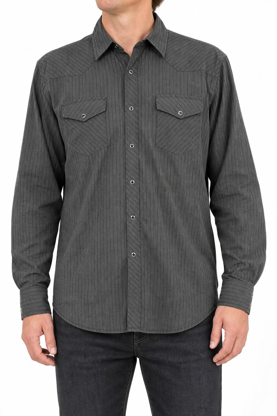 Wrangler Men's Black Tonal Stripe Western Silver Pearl Snap Long Sleeve Shirt XL